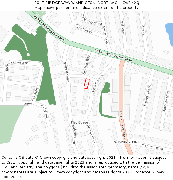 10, ELMRIDGE WAY, WINNINGTON, NORTHWICH, CW8 4XQ: Location map and indicative extent of plot