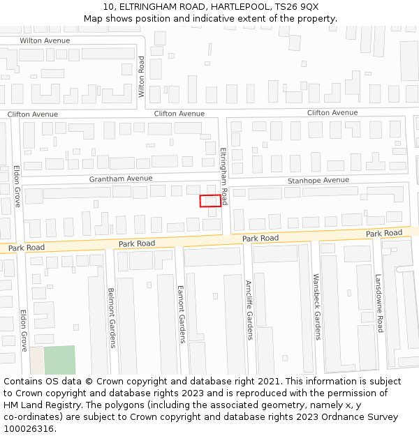 10, ELTRINGHAM ROAD, HARTLEPOOL, TS26 9QX: Location map and indicative extent of plot
