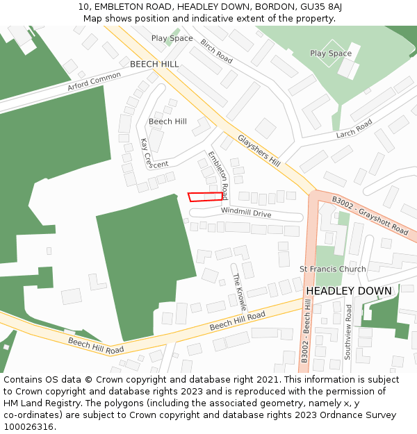 10, EMBLETON ROAD, HEADLEY DOWN, BORDON, GU35 8AJ: Location map and indicative extent of plot
