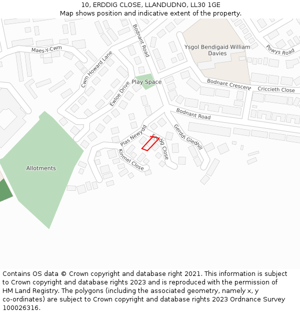 10, ERDDIG CLOSE, LLANDUDNO, LL30 1GE: Location map and indicative extent of plot