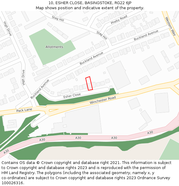 10, ESHER CLOSE, BASINGSTOKE, RG22 6JP: Location map and indicative extent of plot