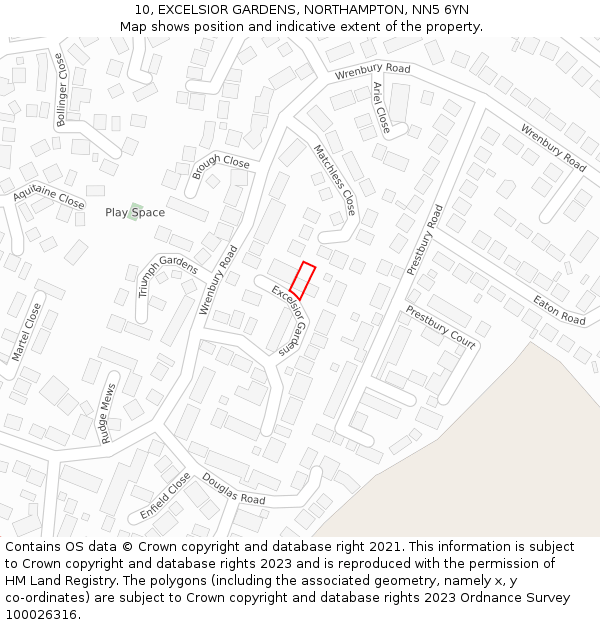 10, EXCELSIOR GARDENS, NORTHAMPTON, NN5 6YN: Location map and indicative extent of plot