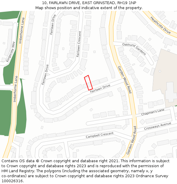 10, FAIRLAWN DRIVE, EAST GRINSTEAD, RH19 1NP: Location map and indicative extent of plot