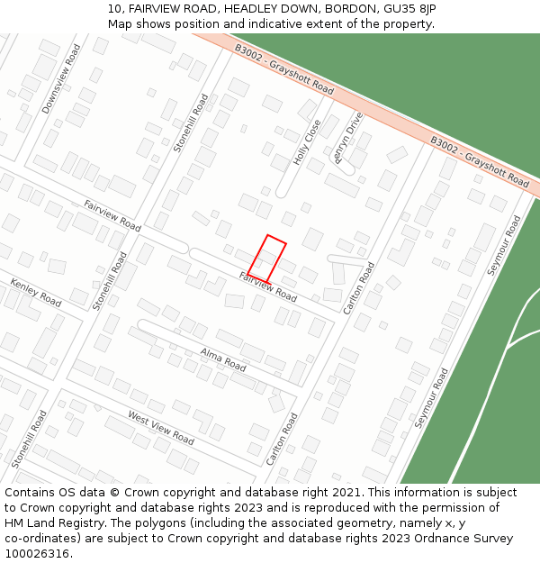 10, FAIRVIEW ROAD, HEADLEY DOWN, BORDON, GU35 8JP: Location map and indicative extent of plot