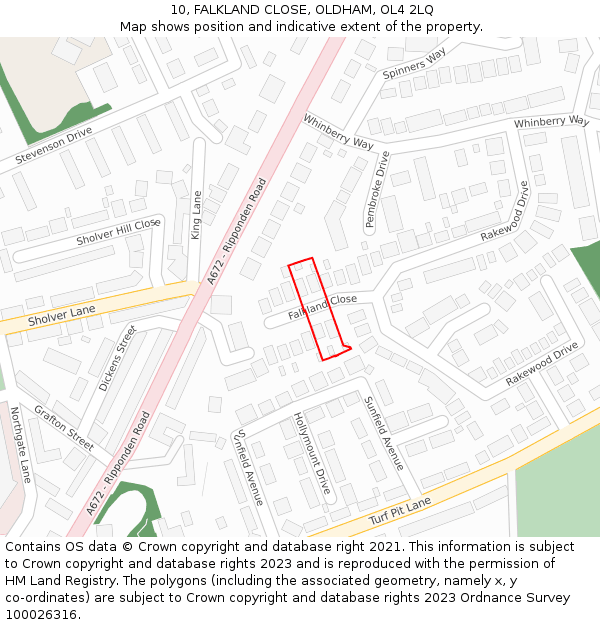 10, FALKLAND CLOSE, OLDHAM, OL4 2LQ: Location map and indicative extent of plot