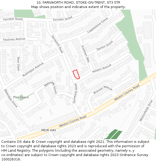 10, FARNWORTH ROAD, STOKE-ON-TRENT, ST3 5TR: Location map and indicative extent of plot