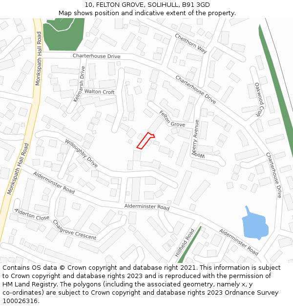 10, FELTON GROVE, SOLIHULL, B91 3GD: Location map and indicative extent of plot