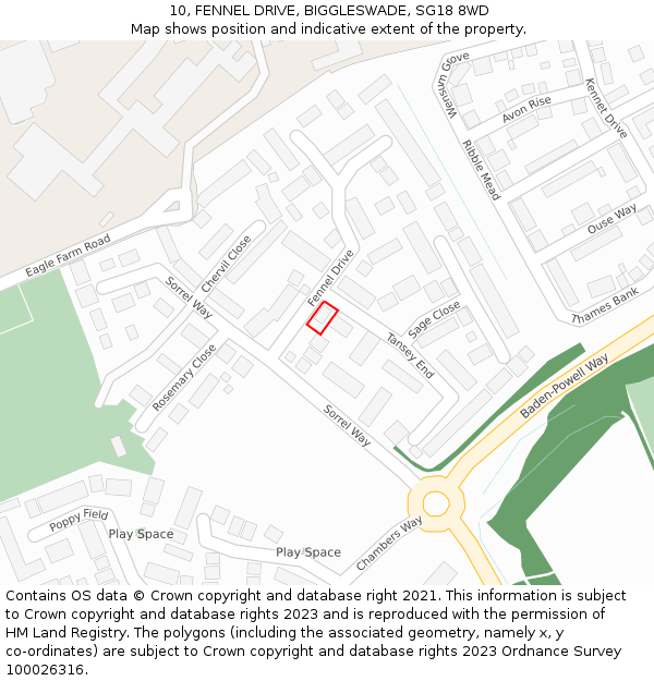 10, FENNEL DRIVE, BIGGLESWADE, SG18 8WD: Location map and indicative extent of plot