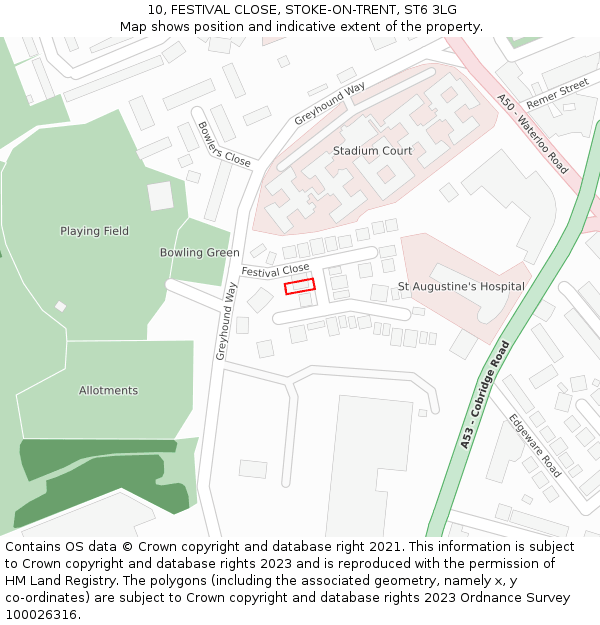 10, FESTIVAL CLOSE, STOKE-ON-TRENT, ST6 3LG: Location map and indicative extent of plot