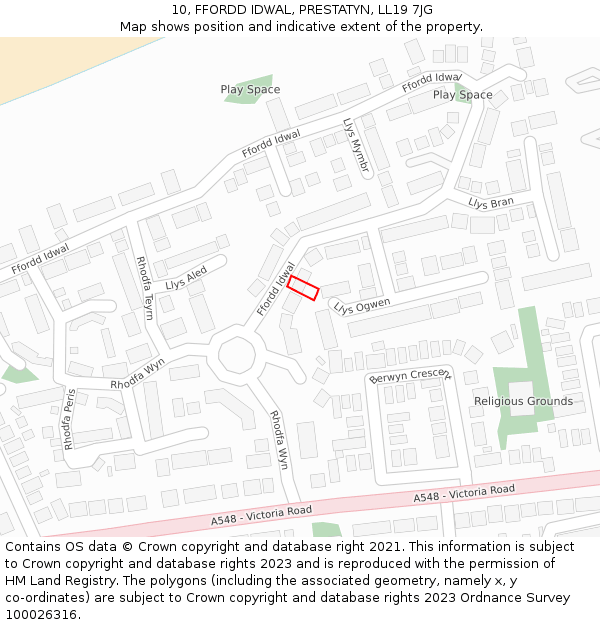 10, FFORDD IDWAL, PRESTATYN, LL19 7JG: Location map and indicative extent of plot