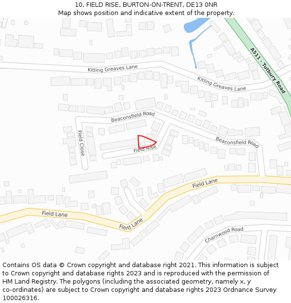 10, FIELD RISE, BURTON-ON-TRENT, DE13 0NR: Location map and indicative extent of plot
