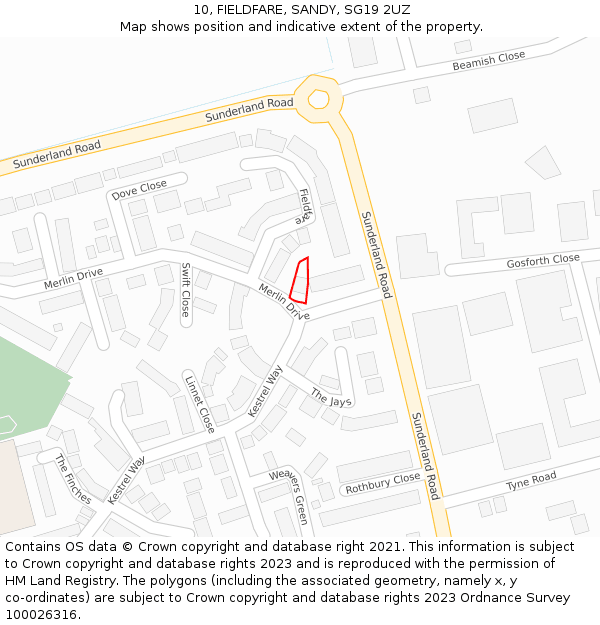 10, FIELDFARE, SANDY, SG19 2UZ: Location map and indicative extent of plot