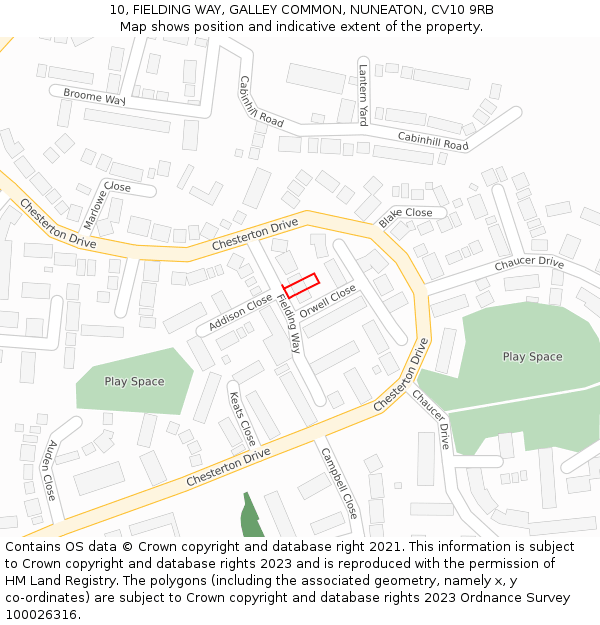 10, FIELDING WAY, GALLEY COMMON, NUNEATON, CV10 9RB: Location map and indicative extent of plot