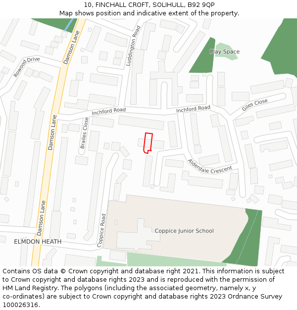 10, FINCHALL CROFT, SOLIHULL, B92 9QP: Location map and indicative extent of plot