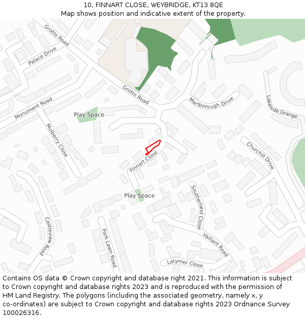 10, FINNART CLOSE, WEYBRIDGE, KT13 8QE: Location map and indicative extent of plot