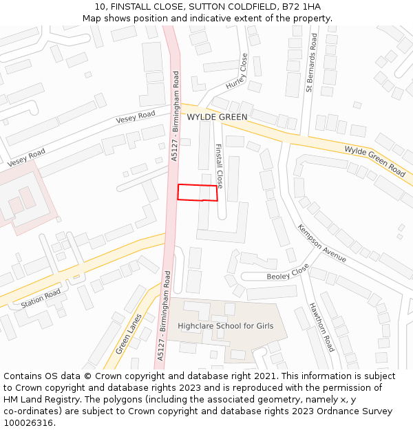 10, FINSTALL CLOSE, SUTTON COLDFIELD, B72 1HA: Location map and indicative extent of plot