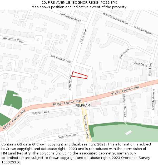 10, FIRS AVENUE, BOGNOR REGIS, PO22 8PX: Location map and indicative extent of plot