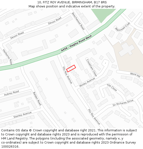 10, FITZ ROY AVENUE, BIRMINGHAM, B17 8RS: Location map and indicative extent of plot