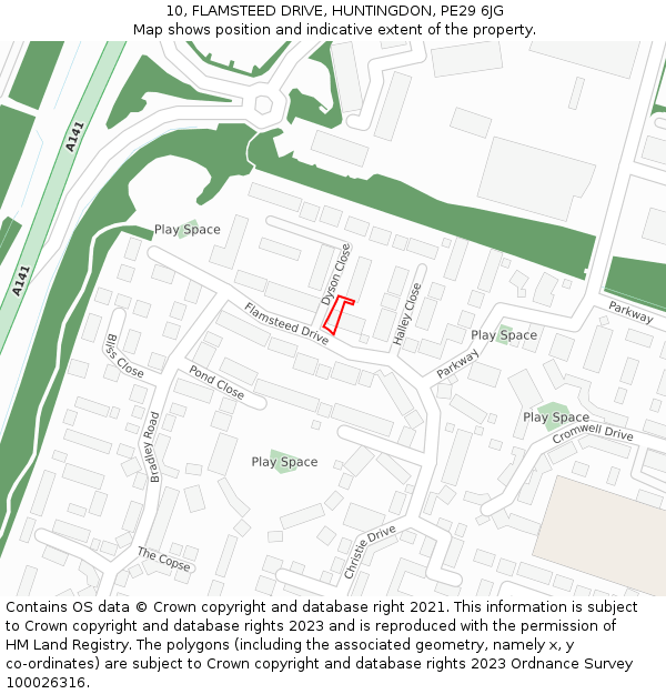 10, FLAMSTEED DRIVE, HUNTINGDON, PE29 6JG: Location map and indicative extent of plot