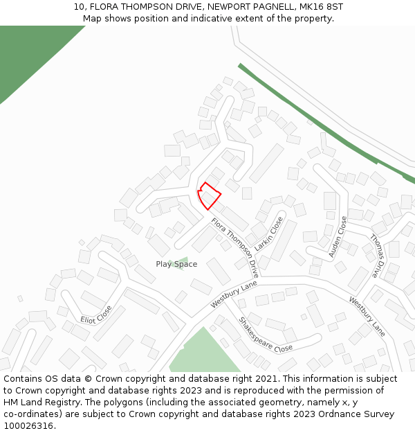 10, FLORA THOMPSON DRIVE, NEWPORT PAGNELL, MK16 8ST: Location map and indicative extent of plot