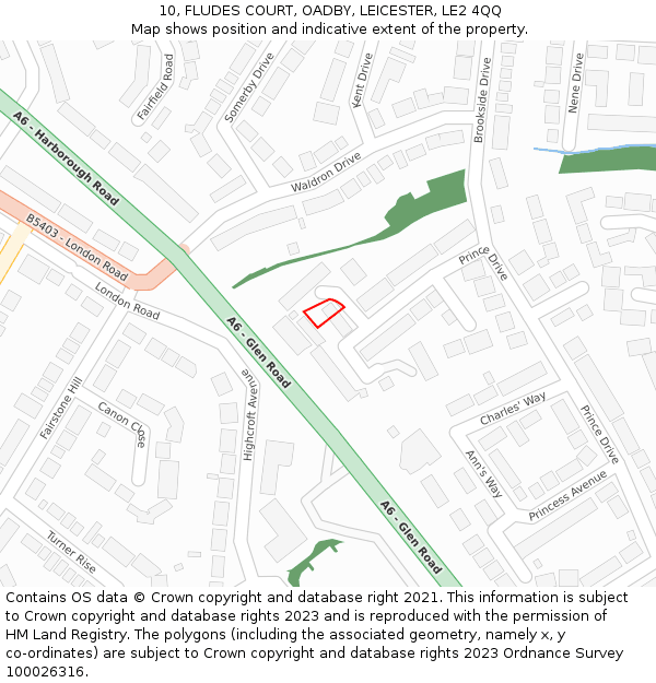 10, FLUDES COURT, OADBY, LEICESTER, LE2 4QQ: Location map and indicative extent of plot