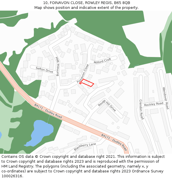 10, FOINAVON CLOSE, ROWLEY REGIS, B65 8QB: Location map and indicative extent of plot