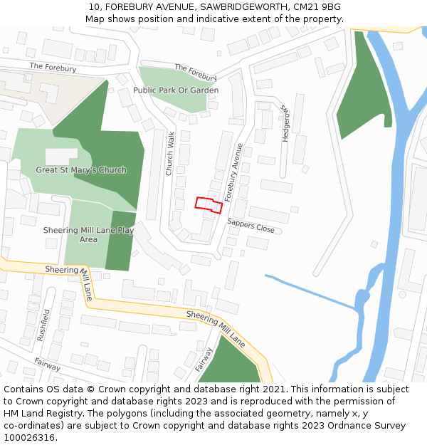 10, FOREBURY AVENUE, SAWBRIDGEWORTH, CM21 9BG: Location map and indicative extent of plot