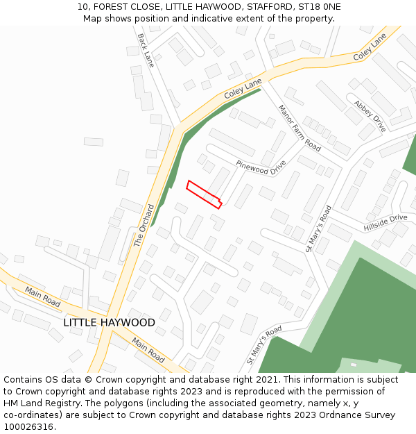 10, FOREST CLOSE, LITTLE HAYWOOD, STAFFORD, ST18 0NE: Location map and indicative extent of plot
