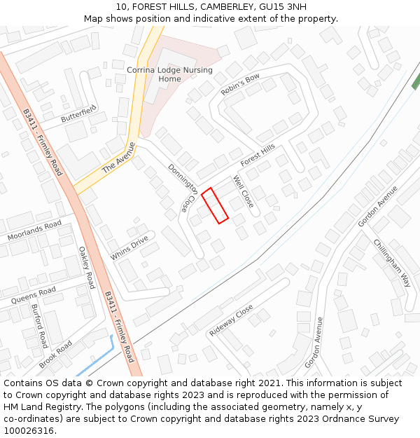 10, FOREST HILLS, CAMBERLEY, GU15 3NH: Location map and indicative extent of plot