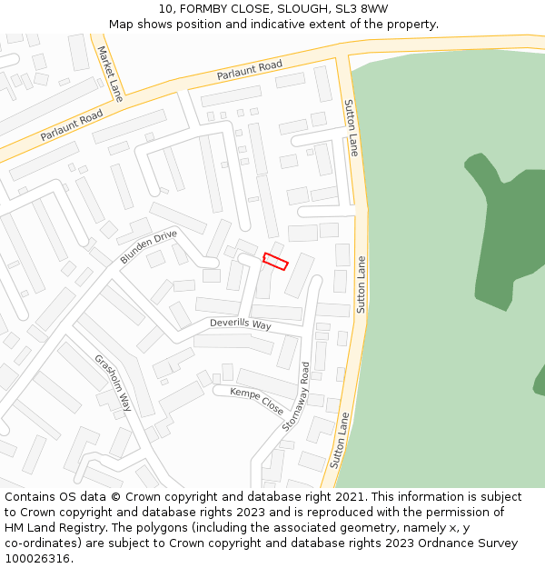 10, FORMBY CLOSE, SLOUGH, SL3 8WW: Location map and indicative extent of plot
