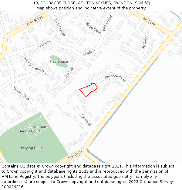 10, FOURACRE CLOSE, ASHTON KEYNES, SWINDON, SN6 6PJ: Location map and indicative extent of plot