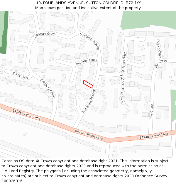10, FOURLANDS AVENUE, SUTTON COLDFIELD, B72 1YY: Location map and indicative extent of plot