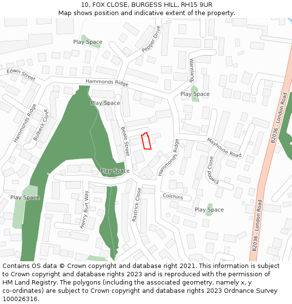 10, FOX CLOSE, BURGESS HILL, RH15 9UR: Location map and indicative extent of plot