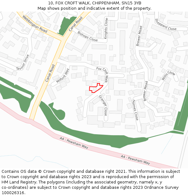 10, FOX CROFT WALK, CHIPPENHAM, SN15 3YB: Location map and indicative extent of plot