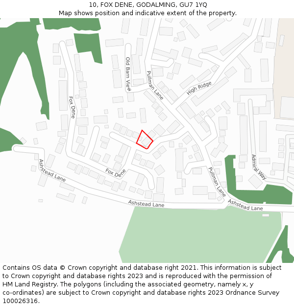 10, FOX DENE, GODALMING, GU7 1YQ: Location map and indicative extent of plot