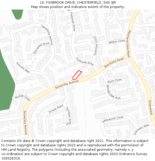 10, FOXBROOK DRIVE, CHESTERFIELD, S40 3JR: Location map and indicative extent of plot