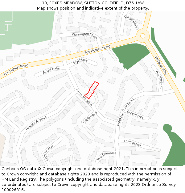 10, FOXES MEADOW, SUTTON COLDFIELD, B76 1AW: Location map and indicative extent of plot