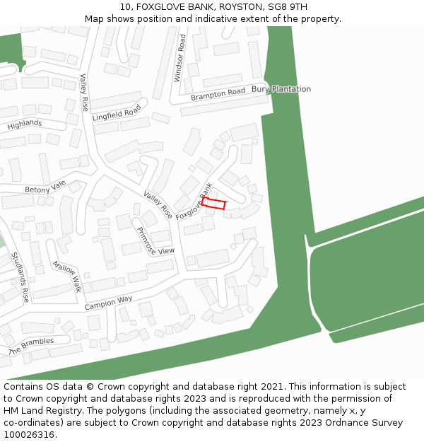 10, FOXGLOVE BANK, ROYSTON, SG8 9TH: Location map and indicative extent of plot