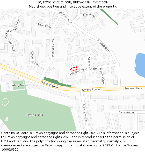 10, FOXGLOVE CLOSE, BEDWORTH, CV12 0GH: Location map and indicative extent of plot