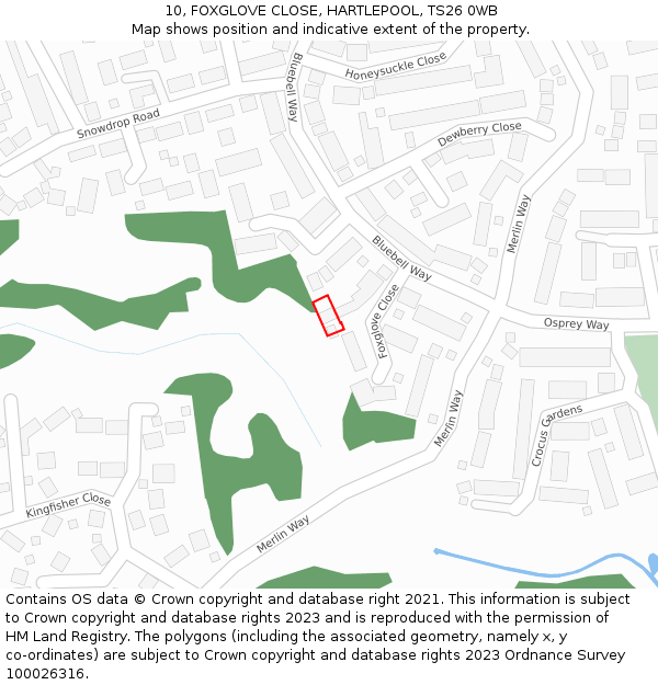 10, FOXGLOVE CLOSE, HARTLEPOOL, TS26 0WB: Location map and indicative extent of plot