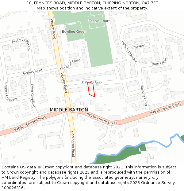 10, FRANCES ROAD, MIDDLE BARTON, CHIPPING NORTON, OX7 7ET: Location map and indicative extent of plot