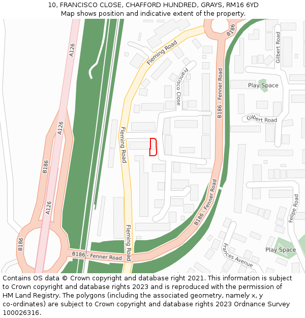 10, FRANCISCO CLOSE, CHAFFORD HUNDRED, GRAYS, RM16 6YD: Location map and indicative extent of plot