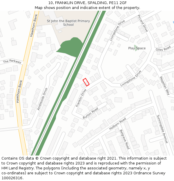 10, FRANKLIN DRIVE, SPALDING, PE11 2GF: Location map and indicative extent of plot