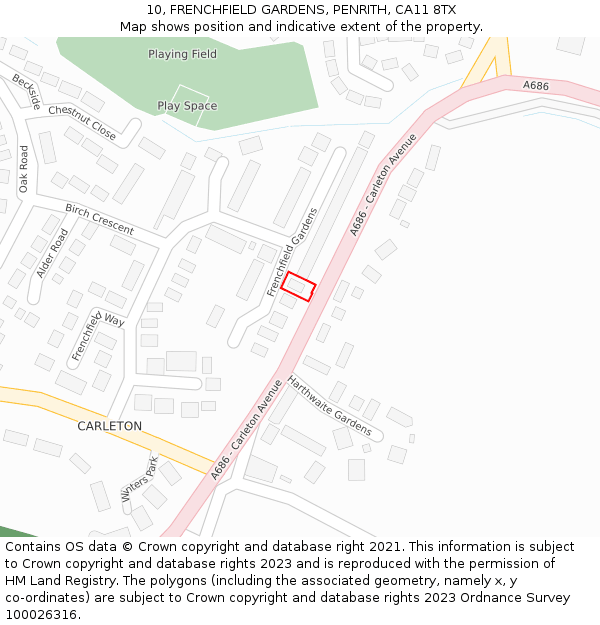 10, FRENCHFIELD GARDENS, PENRITH, CA11 8TX: Location map and indicative extent of plot