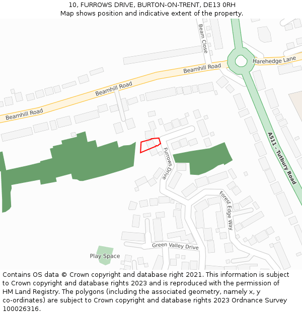10, FURROWS DRIVE, BURTON-ON-TRENT, DE13 0RH: Location map and indicative extent of plot
