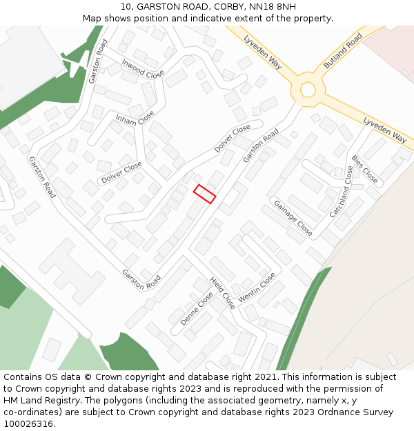 10, GARSTON ROAD, CORBY, NN18 8NH: Location map and indicative extent of plot