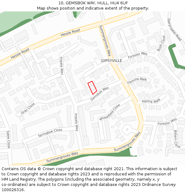 10, GEMSBOK WAY, HULL, HU4 6UF: Location map and indicative extent of plot