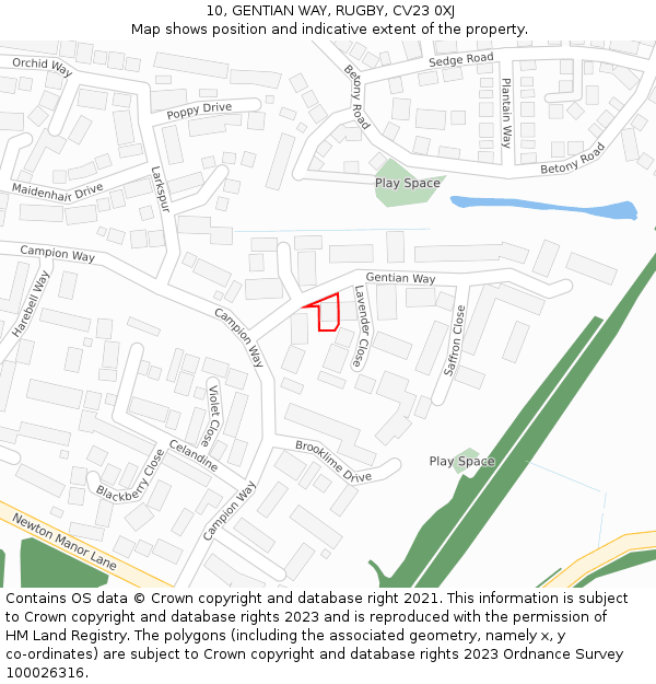 10, GENTIAN WAY, RUGBY, CV23 0XJ: Location map and indicative extent of plot