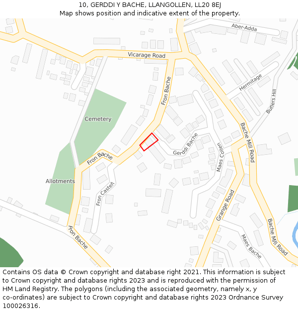 10, GERDDI Y BACHE, LLANGOLLEN, LL20 8EJ: Location map and indicative extent of plot