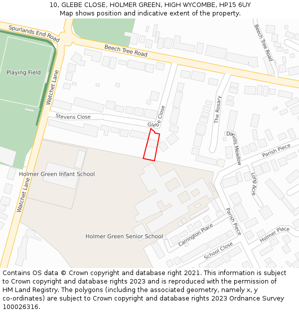 10, GLEBE CLOSE, HOLMER GREEN, HIGH WYCOMBE, HP15 6UY: Location map and indicative extent of plot